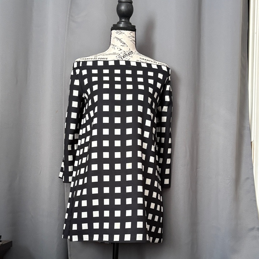 Daniel Cremieux Black and White Checked Off-Shoulder Tunic